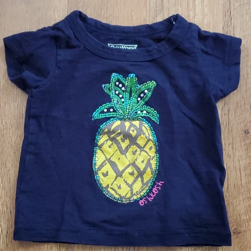 OshKosh Girls Navy Pineapple Short Sleeve‎ Shirt with Denim Shorts Outfit 6M